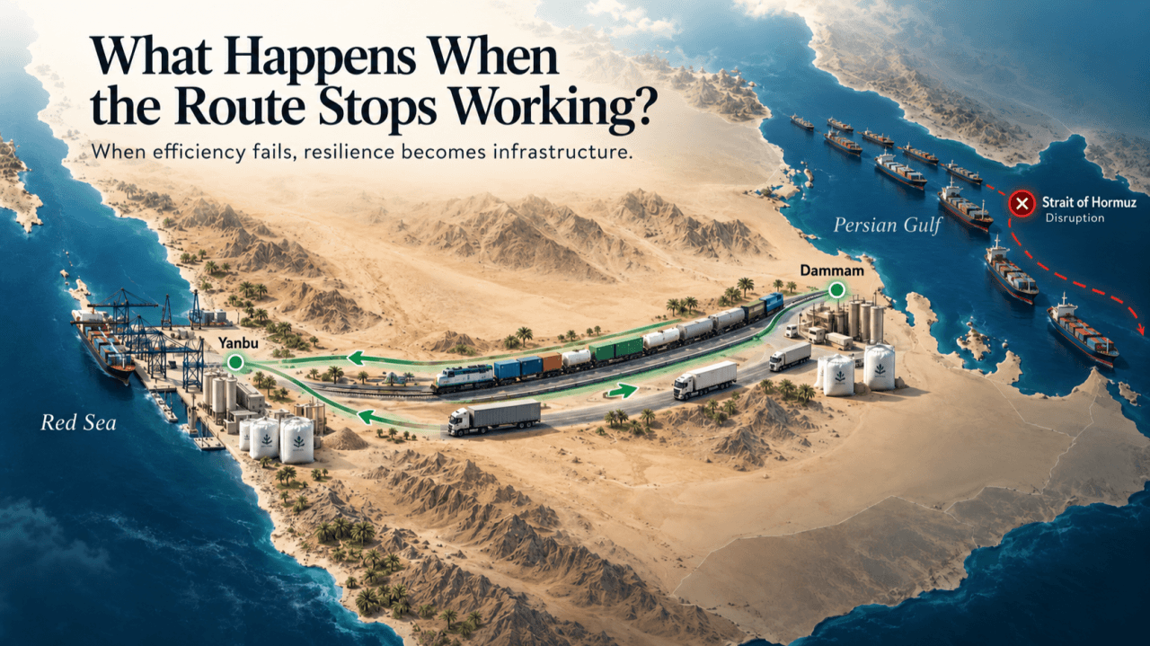 Alternative road and rail routes across Saudi Arabia when shipping through the Strait of Hormuz is disrupted